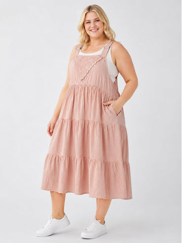 Plus Size Cotton Overall Dress Tiered Lace - Pink