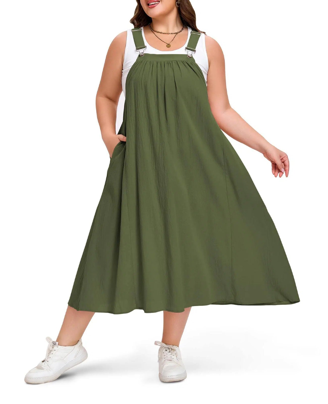 Plus Size Cotton Overall Dress with Pockets - Army Green