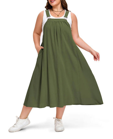Plus Size Cotton Overall Dress with Pockets - Army Green