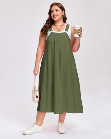 Plus Size Cotton Overall Dress with Pockets - Army Green