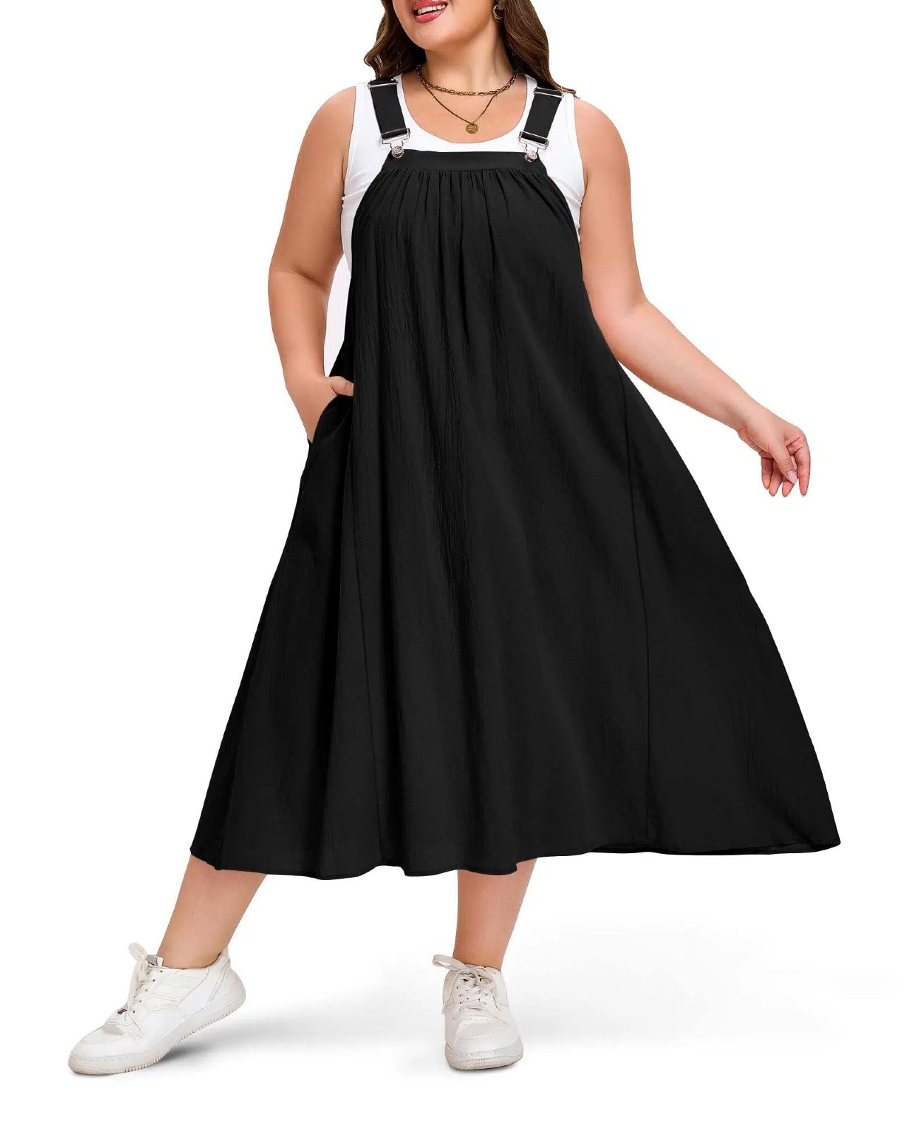 Plus Size Cotton Overall Dress with Pockets - Black