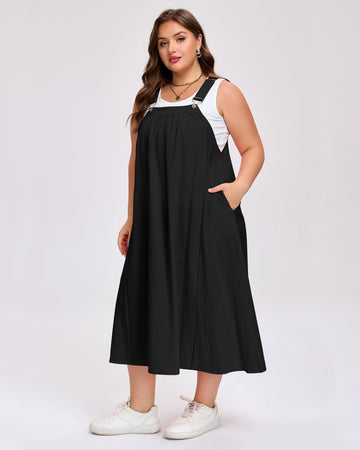 Plus Size Cotton Overall Dress with Pockets - Black