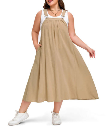 Plus Size Cotton Overall Dress with Pockets - Khaki