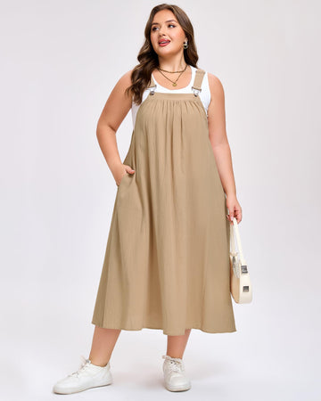 Plus Size Cotton Overall Dress with Pockets - Khaki