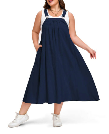 Plus Size Cotton Overall Dress with Pockets - Navy Blue