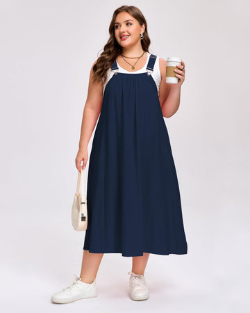 Plus Size Cotton Overall Dress with Pockets - Navy Blue