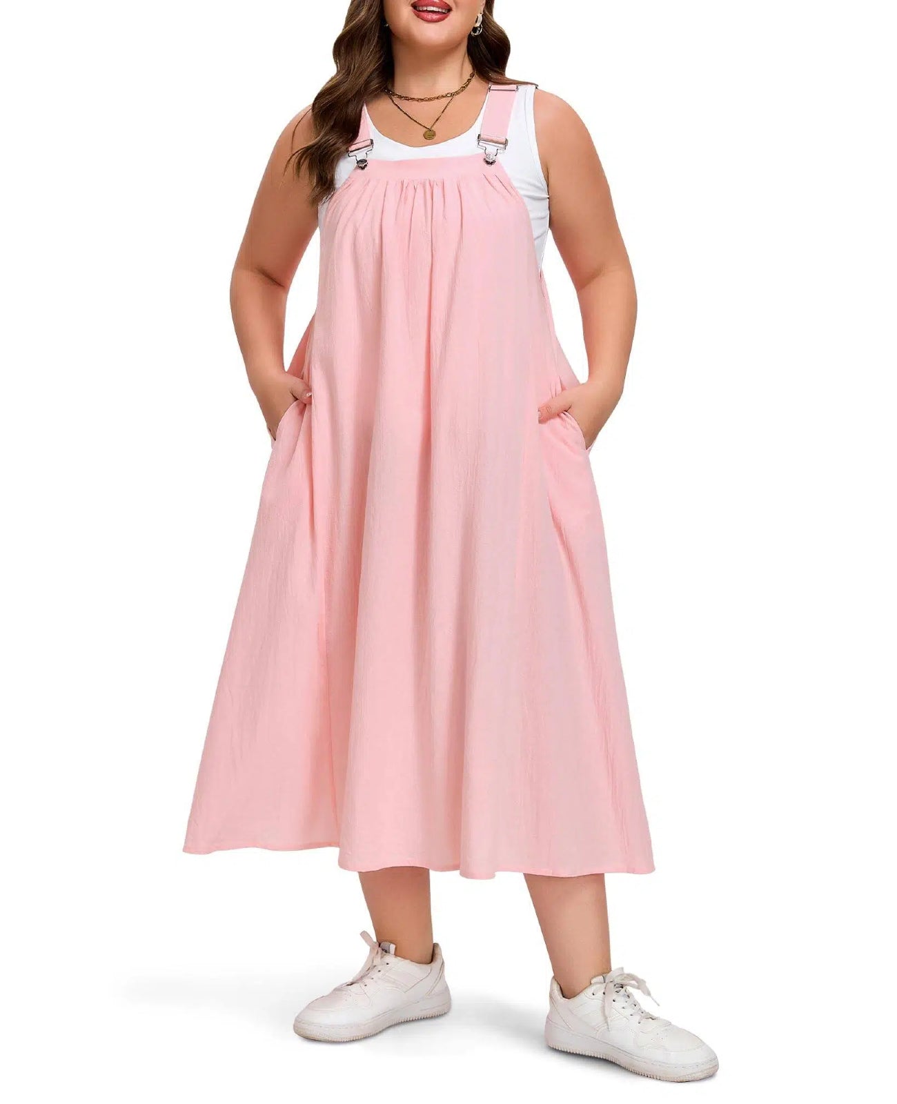 Plus Size Cotton Overall Dress with Pockets - Pink