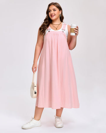 Plus Size Cotton Overall Dress with Pockets - Pink