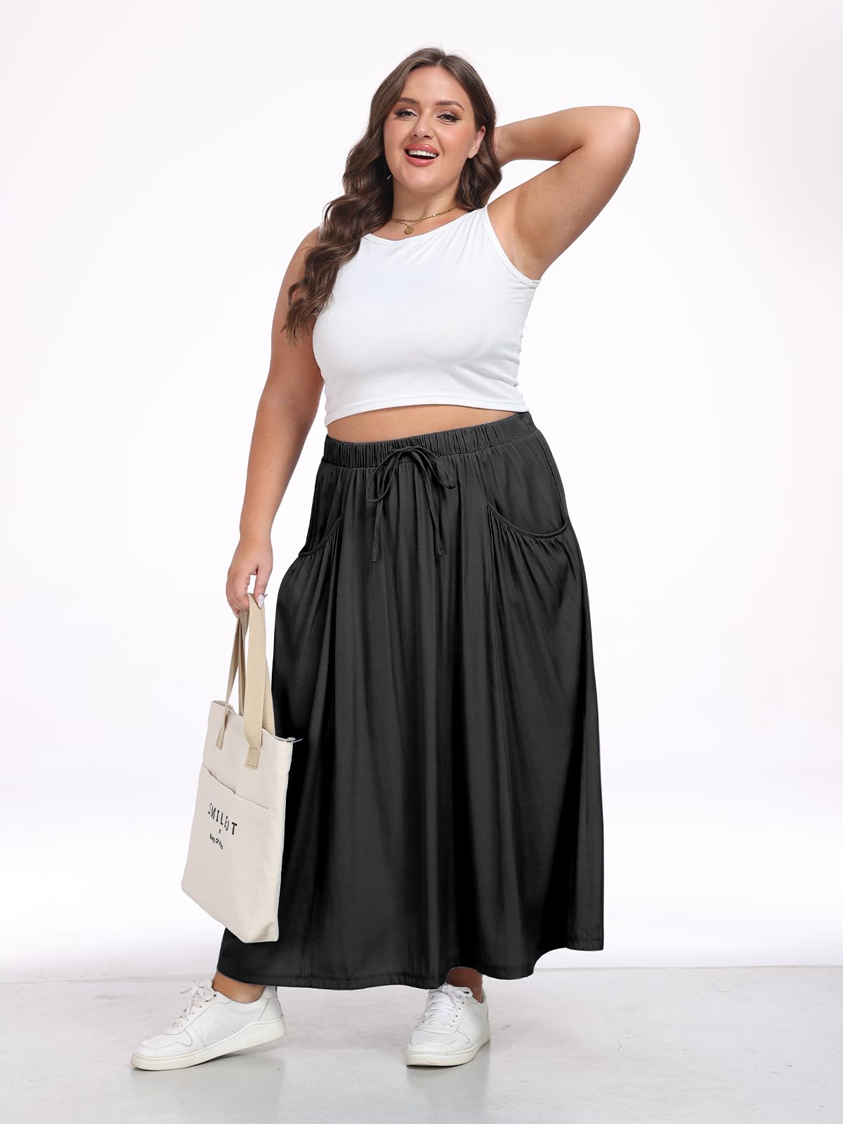 Plus Size Denim Maxi Skirt With Pockets Black Moon Wood plus-size-denim-maxi-skirt-with-pockets-black-moon-wood