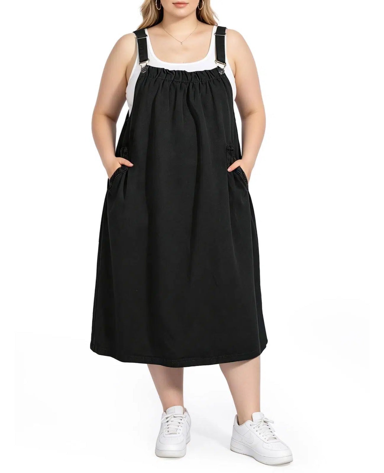 Plus Size Denim Overall Dress Casual Maxi - Black