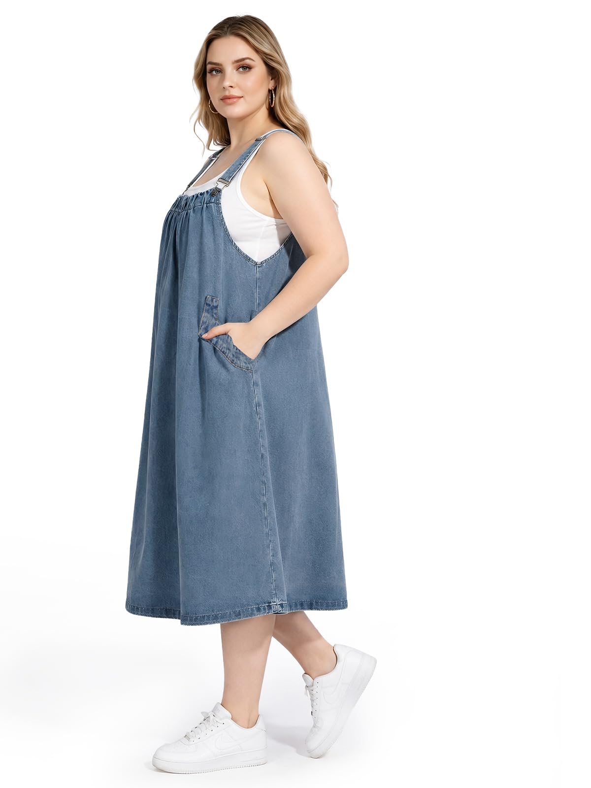 Plus Size Denim Overall Dress Casual Maxi - Light Blue
