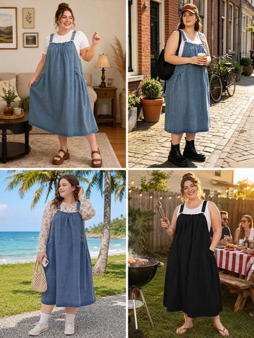 Light blue denim overall maxi dress with square neckline and deep front pockets