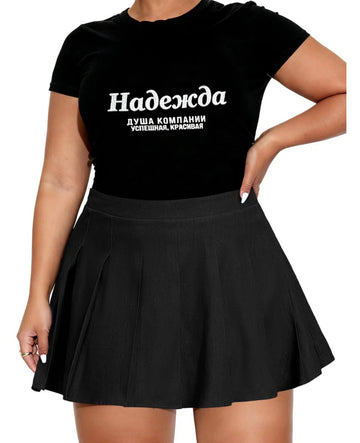 Plus Size Denim Pleated Skirt High Waisted - Black