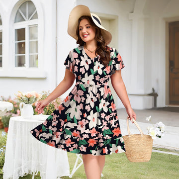 Plus Size Dress Casual V Neck Ruffle - Black Floral