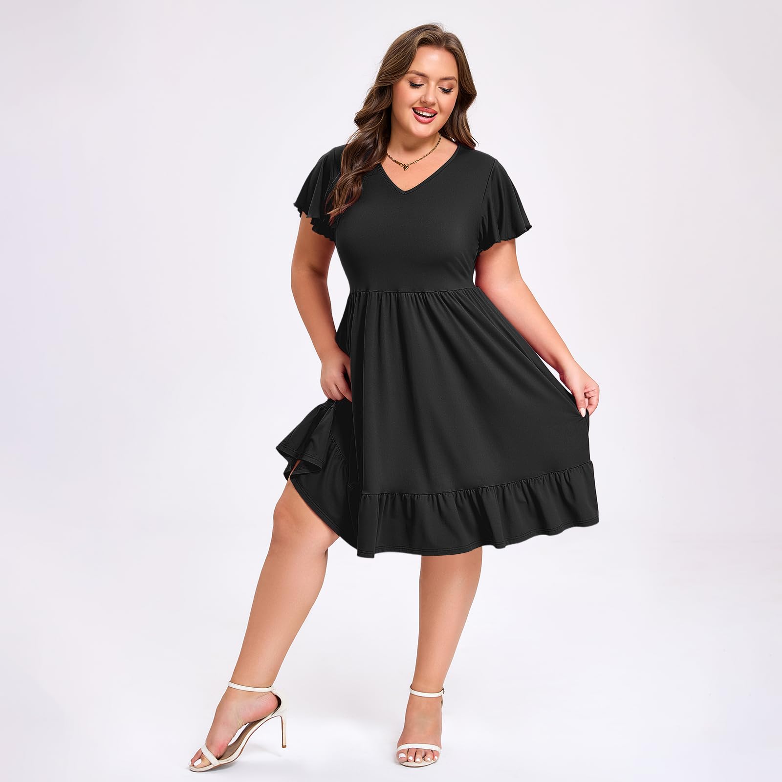 plus size short casual dresses Manllenshie Women's Plus Size Dresses Casual Flowy Dress with Pocket Short Ruffle Sleeve V Neck Drawstring Bow Summer(Black,XL) at Amazon Women's Clothing store