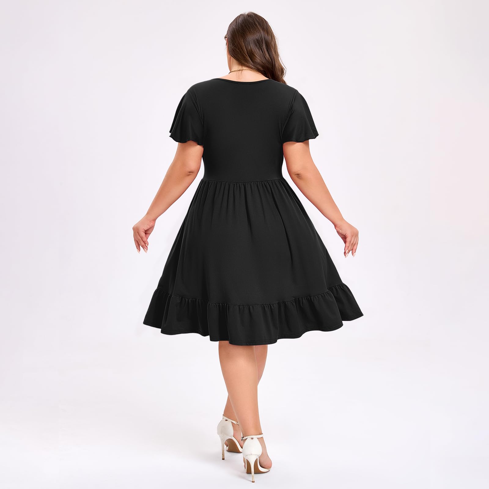 Plus Size Dress Casual V Neck Ruffle - Black | Moon Wood Plus Size Dress Casual V Neck Ruffle - Black | Moon Wood