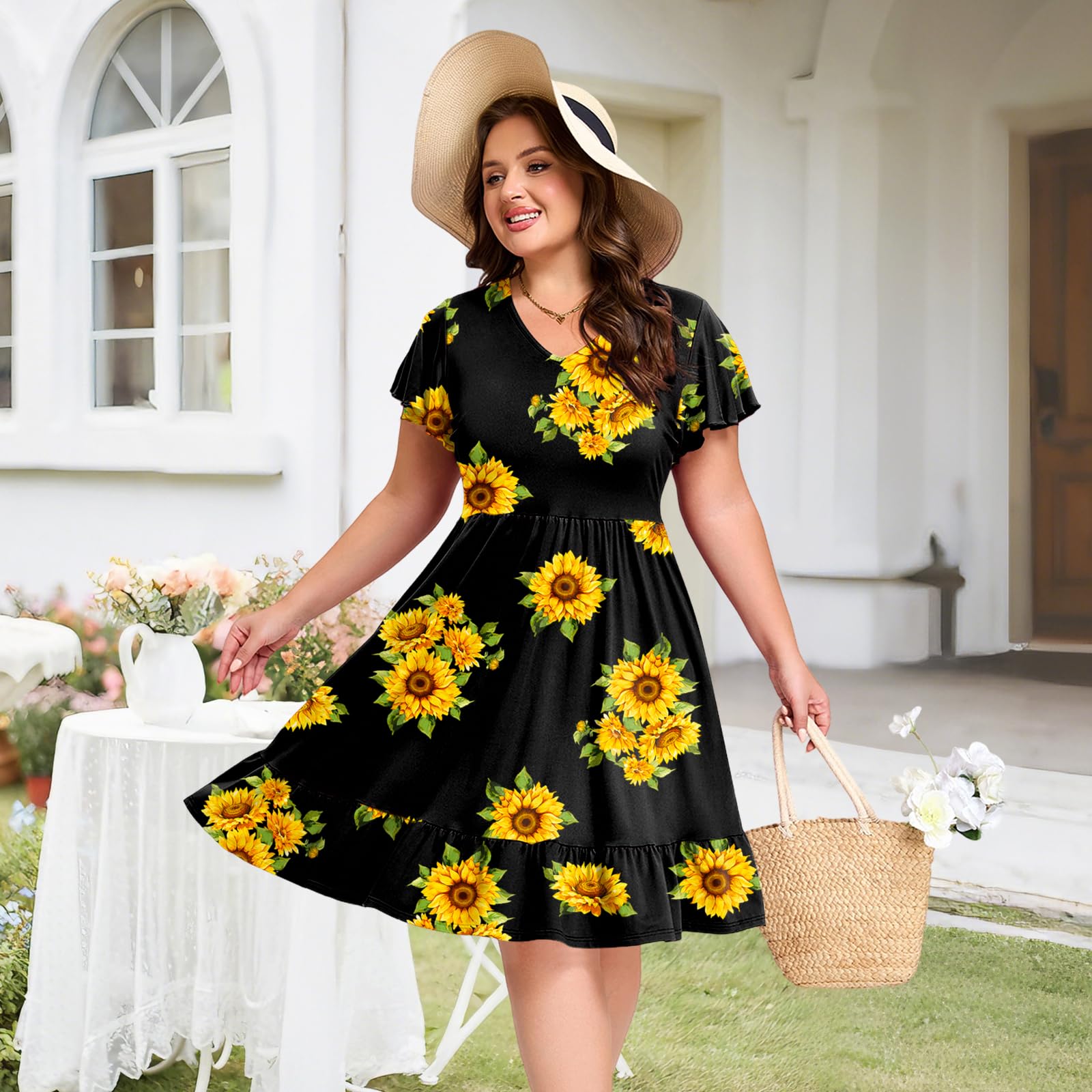 Plus Size Dress Casual V Neck Ruffle - Black Sunflower, 4XL Plus Size Dress Casual V Neck Ruffle - Black Sunflower, 4XL
