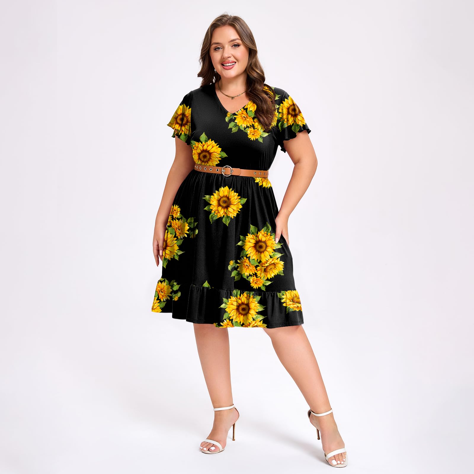 black sunflower dress Plus Size Dress Casual V Neck Ruffle - Black Sunflower