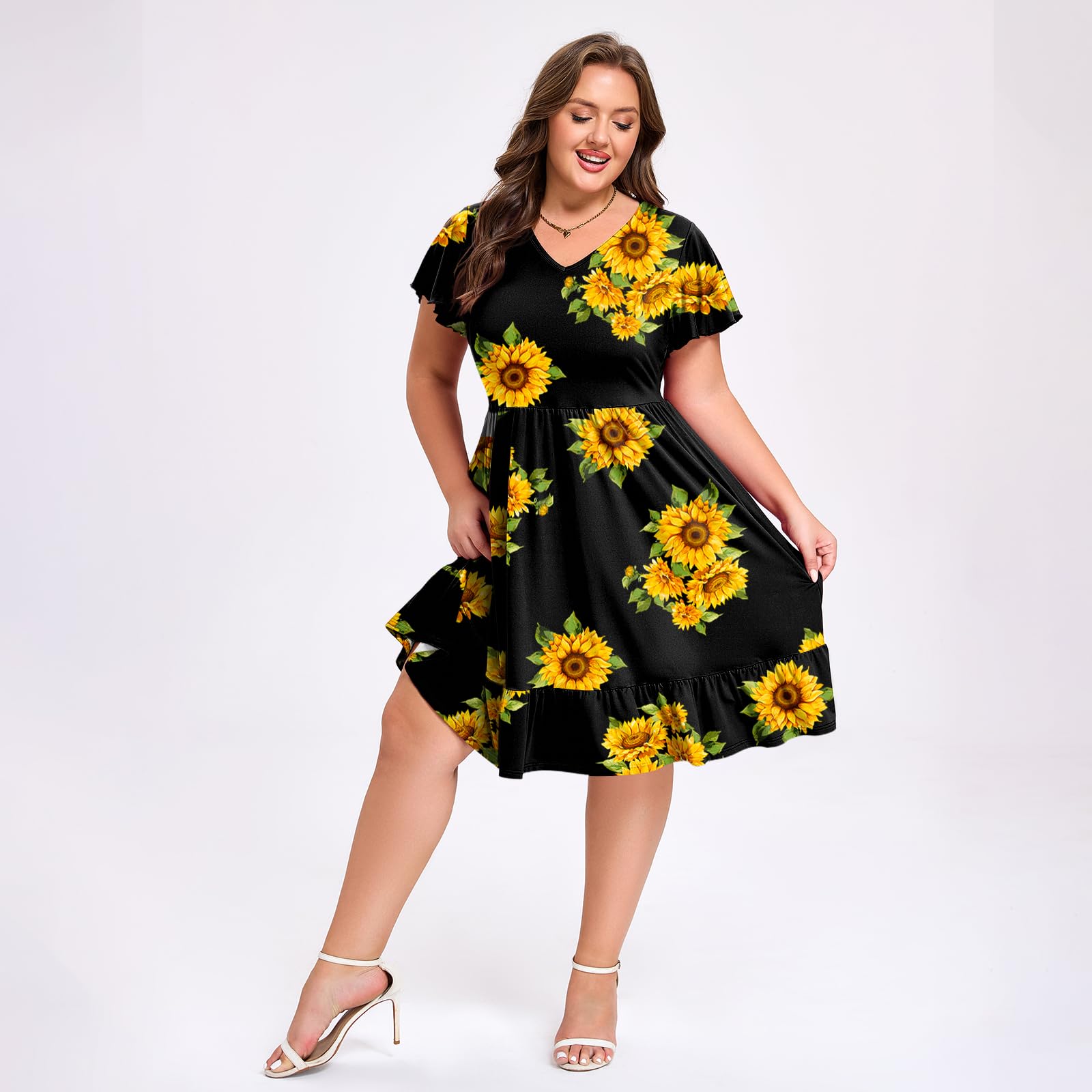 Plus Size Dress Casual V Neck Ruffle - Black Sunflower