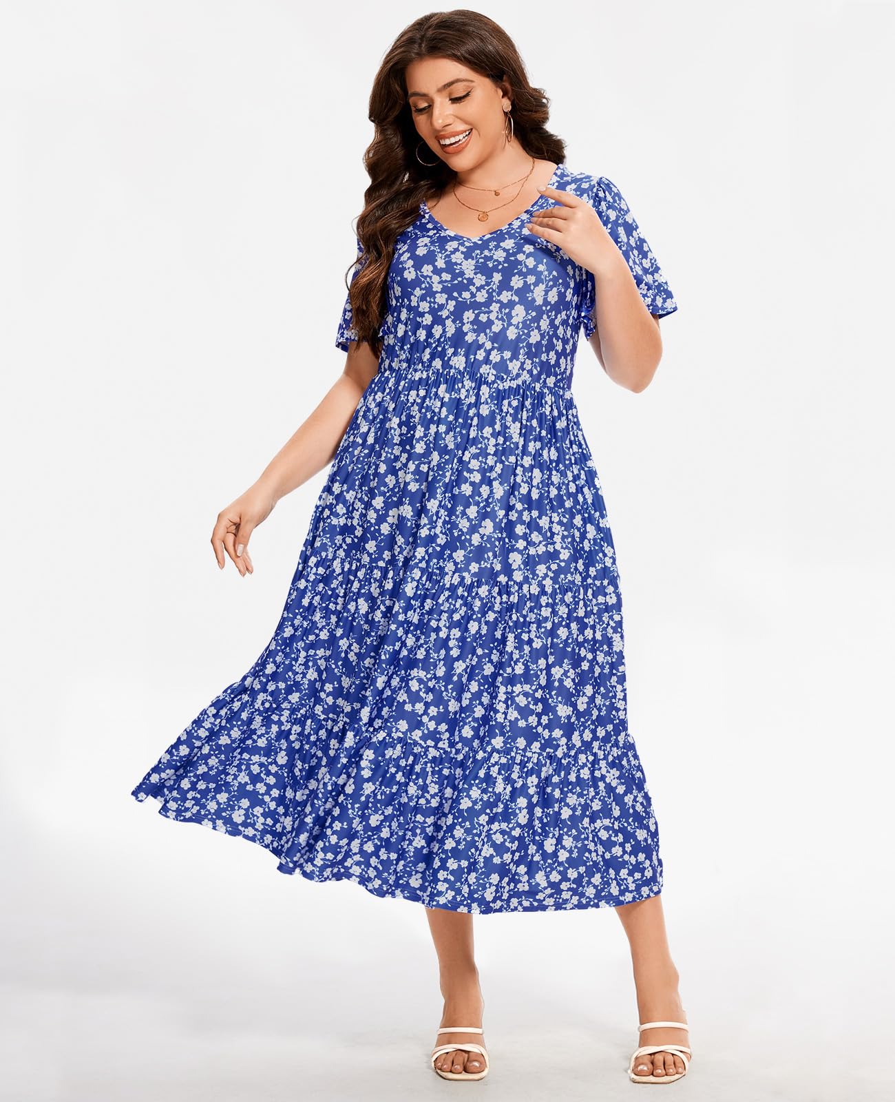 Plus Size Dress Floral V-Neck Short Sleeve - Blue, XL Plus Size Dress Floral V-Neck Short Sleeve - Blue, XL