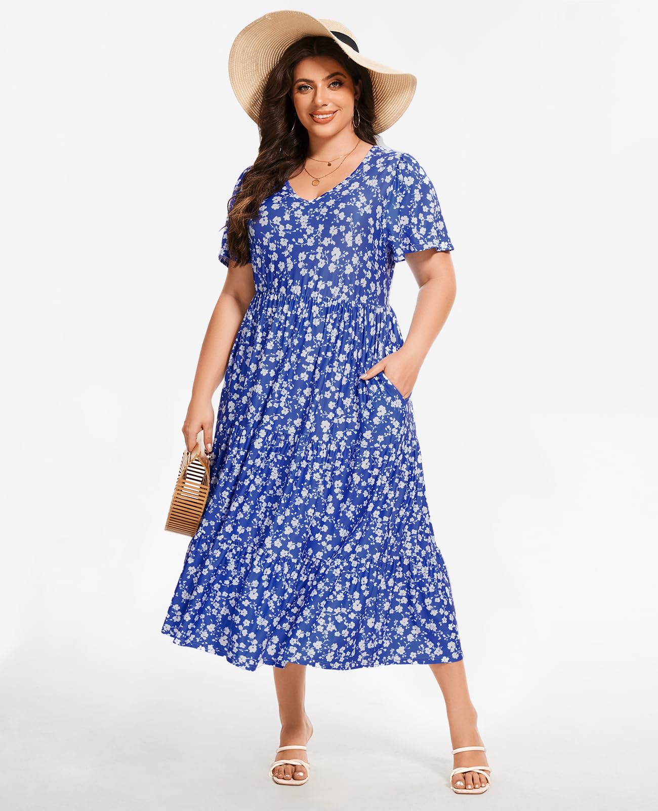 Plus Size Dress Floral V-Neck Short Sleeve - Blue, XL Plus Size Dress Floral V-Neck Short Sleeve - Blue, XL