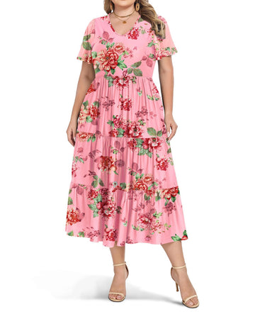 Plus size floral pink V-neck tiered short-sleeve dress