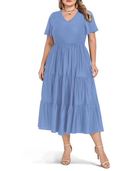 dusty blue plus size dress V-Neck Short Sleeve - Celebrate your childs special FBads_4_BFPromo2025US Asymmetric One-Shoulder Printed Chiffon Color:WHITE-BLK
