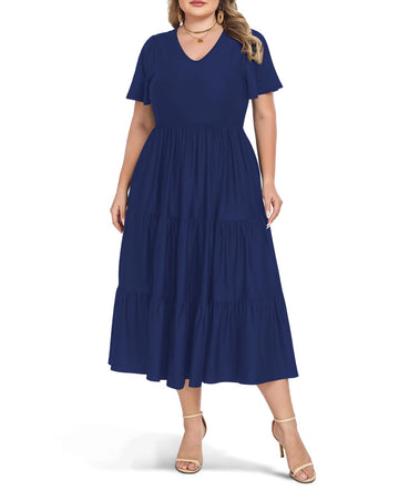 Plus size navy V-neck short-sleeve tiered dress, gathered waist and flared skirt
