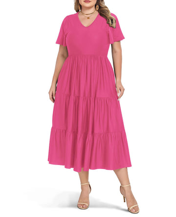 Pink plus size V-neck short-sleeve tiered dress with ruffle hem and side pockets