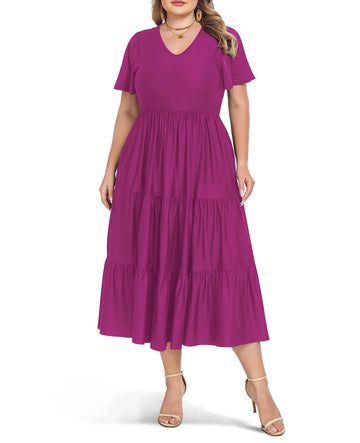 Plum V-neck tiered midi dress with short puff sleeves and gathered skirt