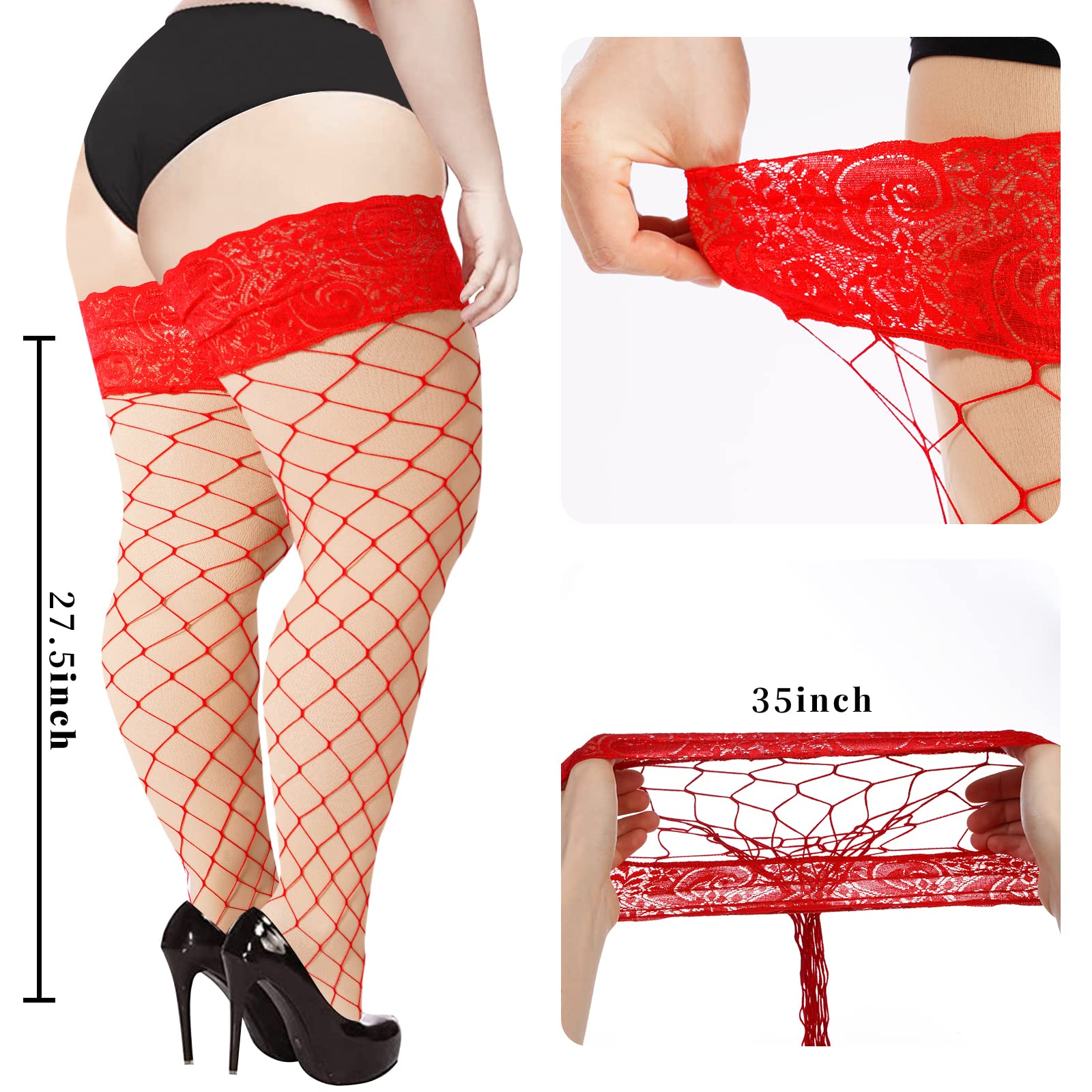 Plus Size Fishnet Stockings Sheer Silicone Lace - Red Large Mesh - Moon Wood
