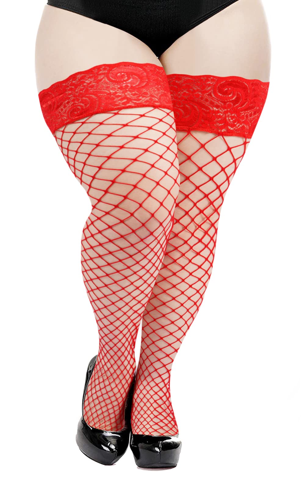 Plus Size Fishnet Stockings Sheer Silicone Lace - Red Medium Mesh - Moon Wood