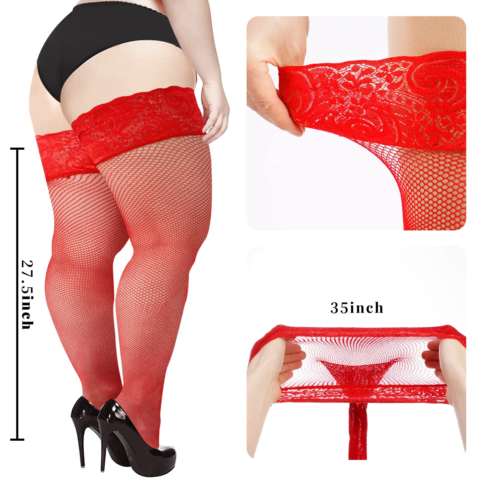 Plus Size Fishnet Stockings Sheer Silicone Lace - Red Small Mesh - Moon Wood