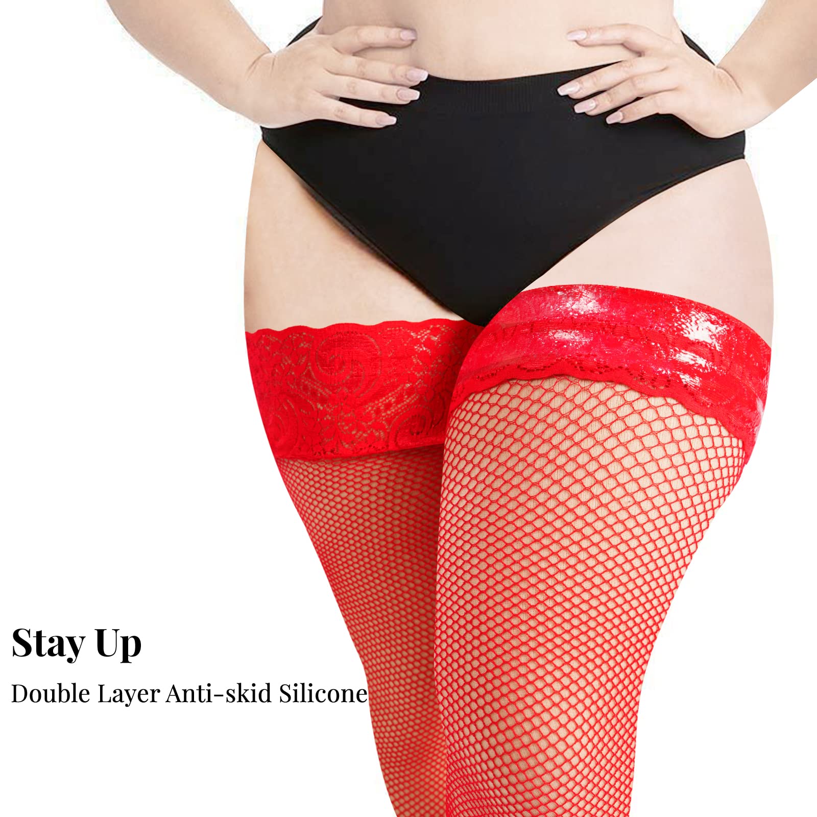 Plus Size Fishnet Stockings Sheer Silicone Lace - Red Small Mesh - Moon Wood