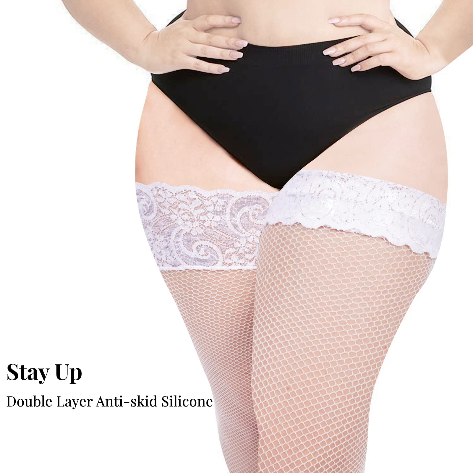 Plus Size Fishnet Stockings Sheer Silicone Lace - White Small Mesh - Moon Wood