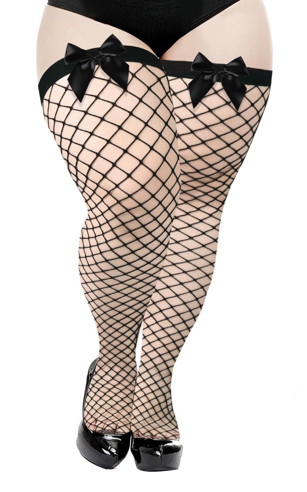 Plus Size Fishnet Stockings with Bows - Black-Moon Wood