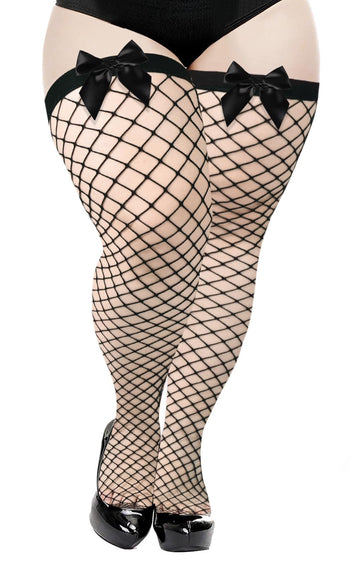 Plus Size Fishnet Stockings with Bows - Black