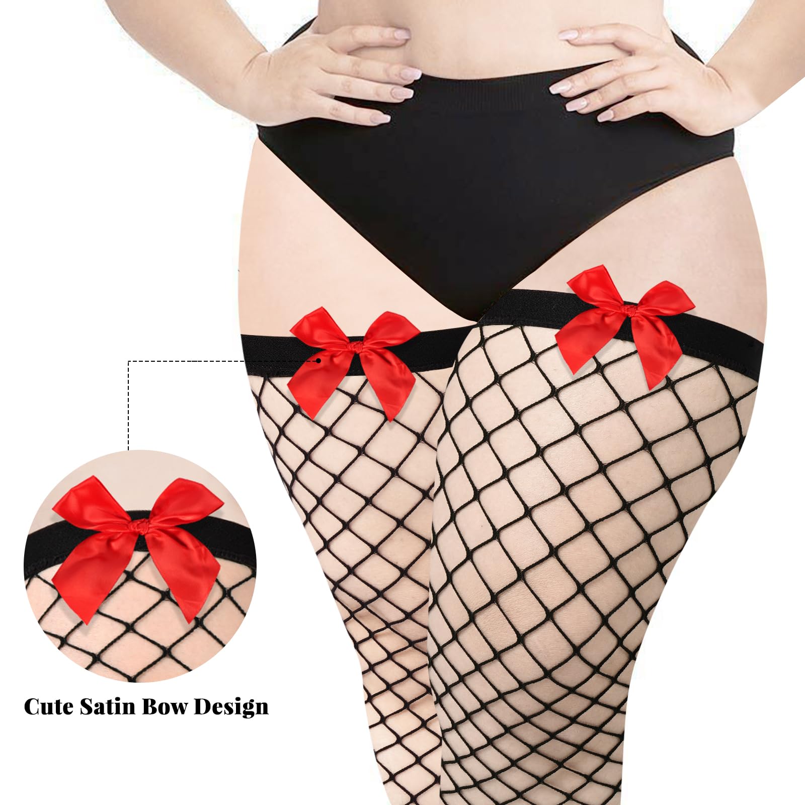 Plus Size Fishnet Stockings with Bows - Red