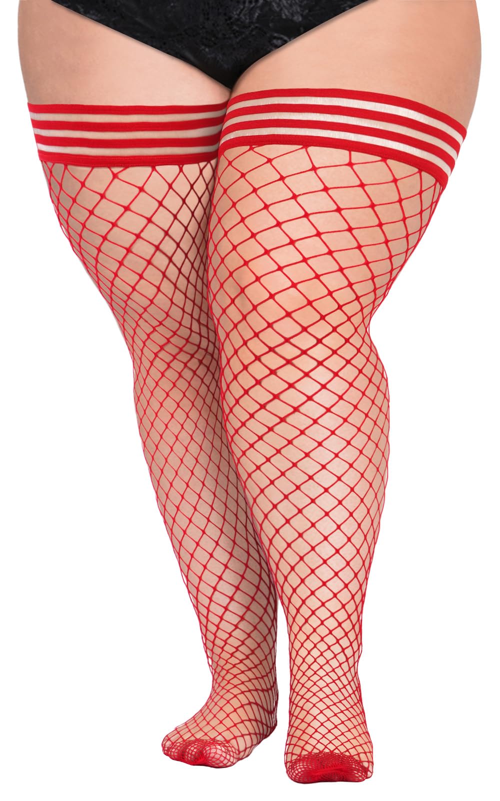 Plus Size Fishnet Thigh High Stockings-Red - Moon Wood