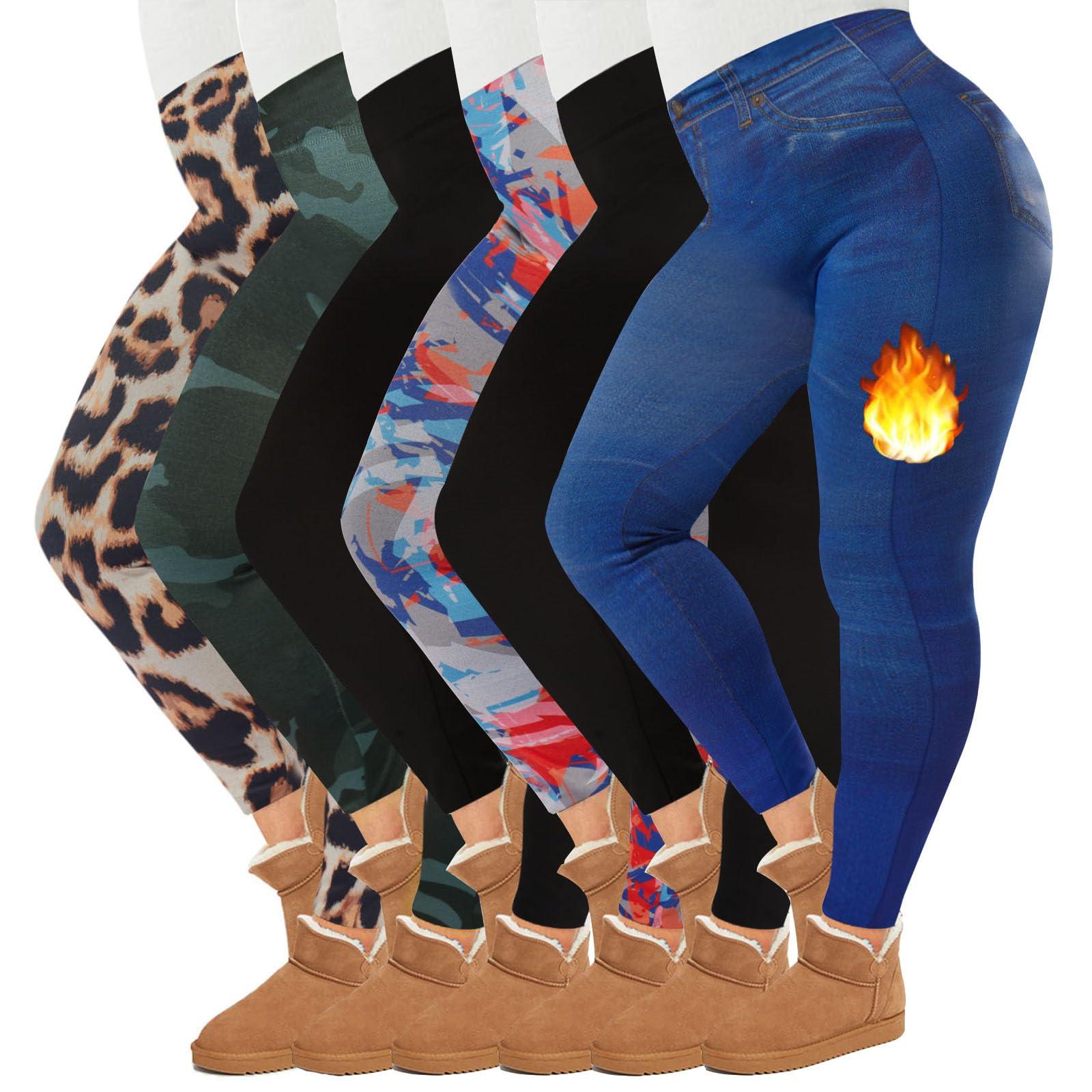 Plus Size Fleece Lined Leggings Printed 6 Pack-Moon Wood