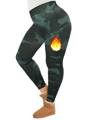 Plus Size Fleece Lined Leggings Women - Black Camo-Moon Wood