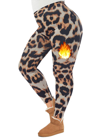 Plus Size Fleece Lined Leggings Women - Brown Leopard-Moon Wood