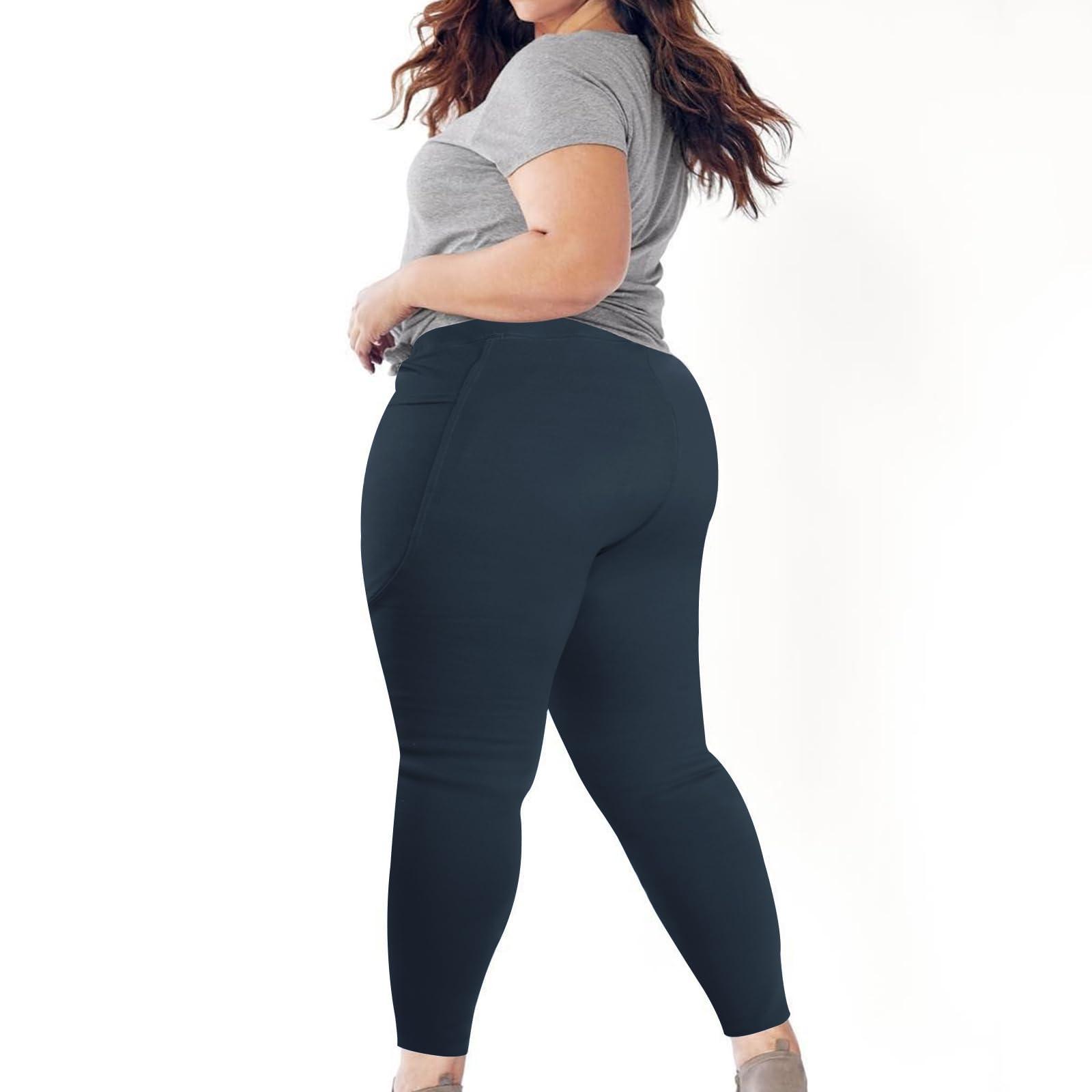 Plus Size Fleece Lined Leggings Women with Pockets - Navy Blue-Moon Wood