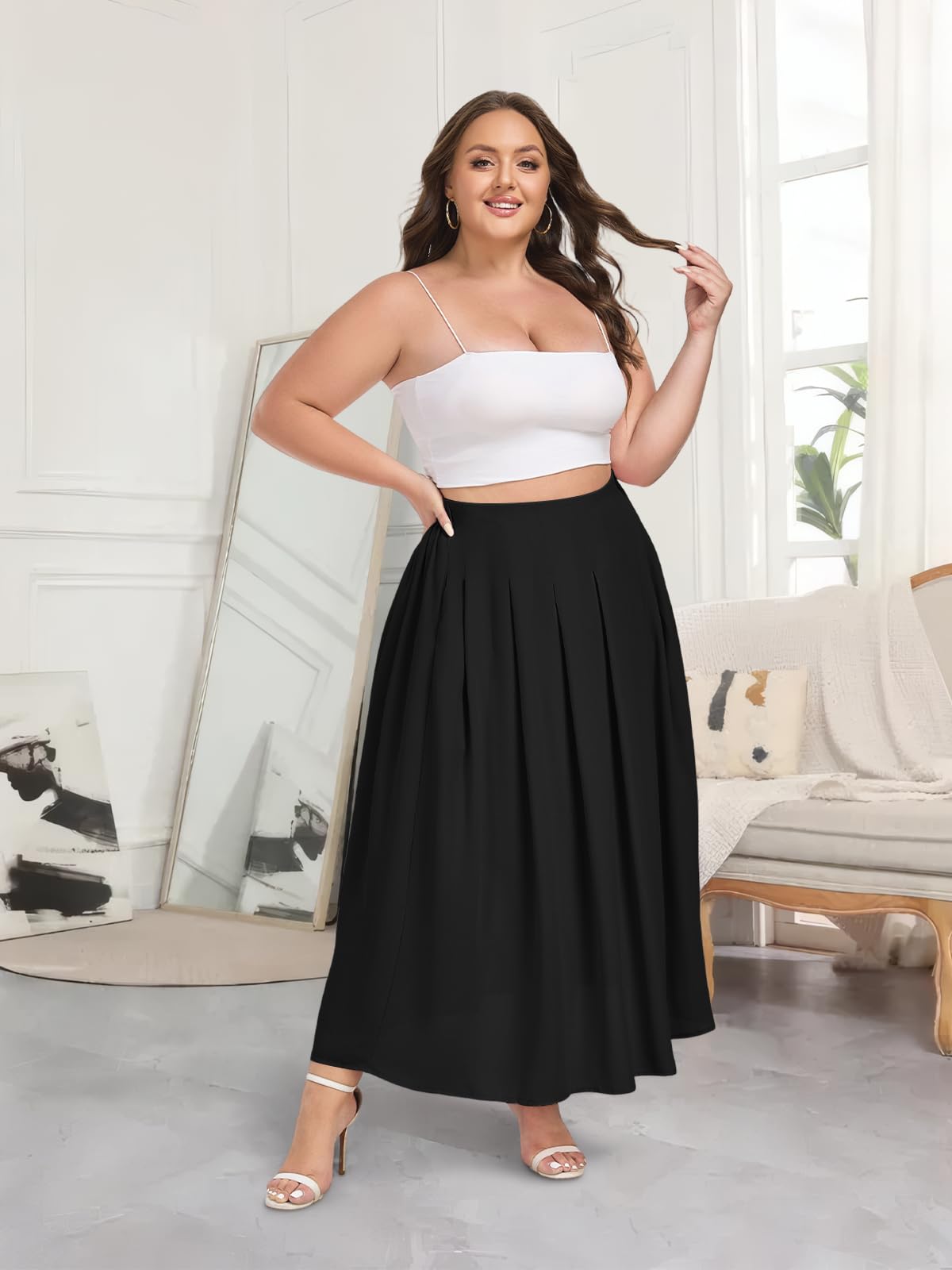Plus Size Black Flowy Skirt Womens Line Skirt Plus Size Pleated