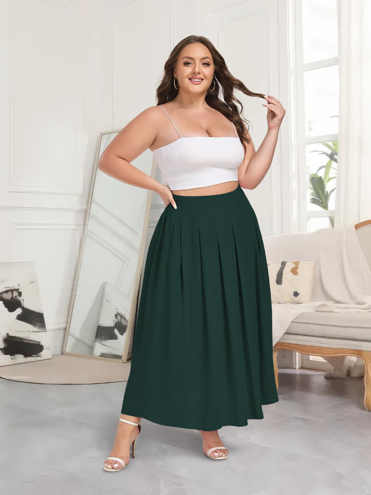 Plus Size Flowy Maxi Skirt Pleated A-Line - Dark Green | Moon Wood Plus Size Flowy Maxi Skirt Pleated A-Line - Dark Green | Moon Wood