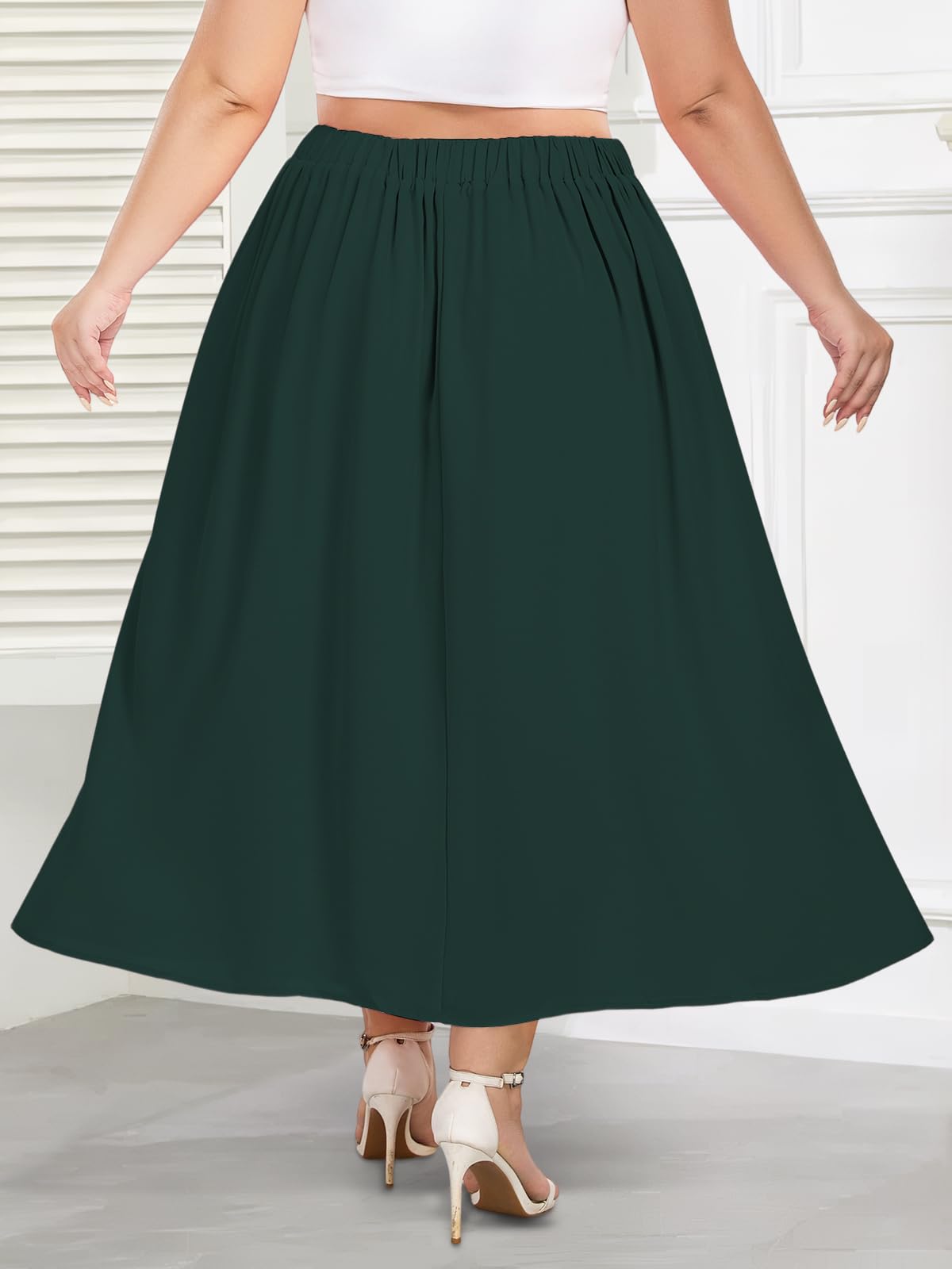 Plus Size Flowy Maxi Skirt Pleated A-Line - Dark Green | Moon Wood