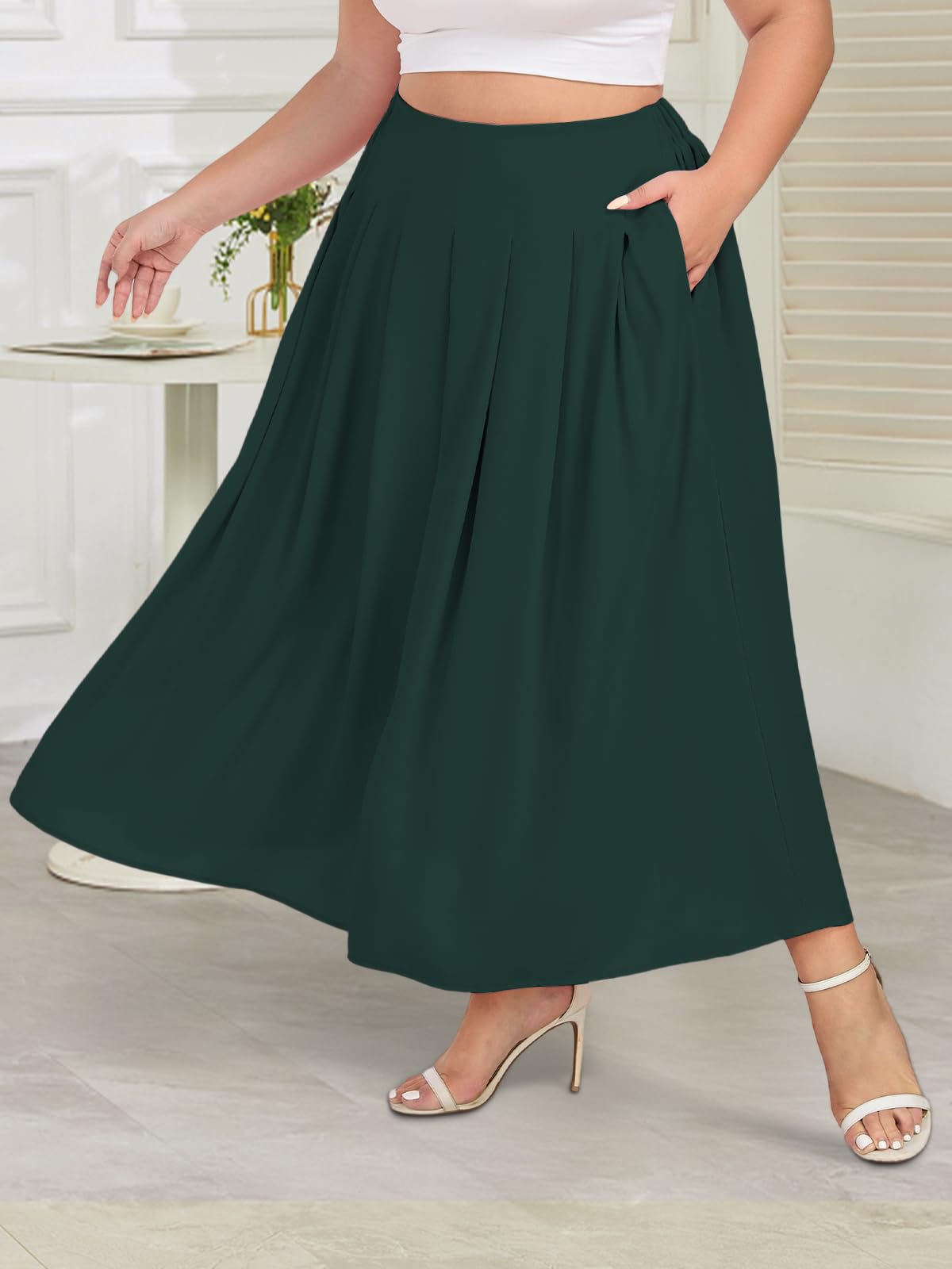 Plus Size Flowy Maxi Skirt Pleated A-Line - Dark Green | Moon Wood