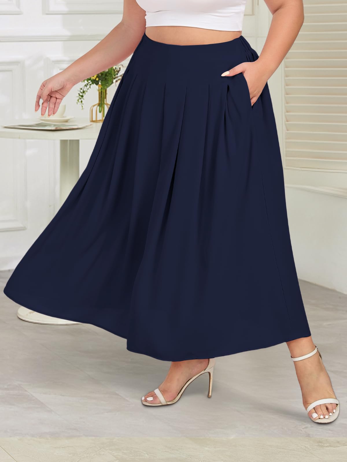 Plus Size Flowy Maxi Skirt Pleated A-Line - Navy Blue | Moon Wood