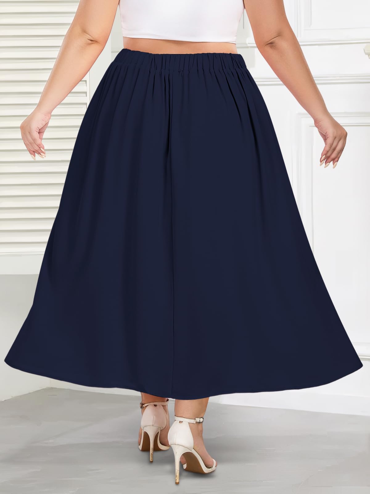 Plus Size Flowy Maxi Skirt Pleated A-Line - Navy Blue | Moon Wood