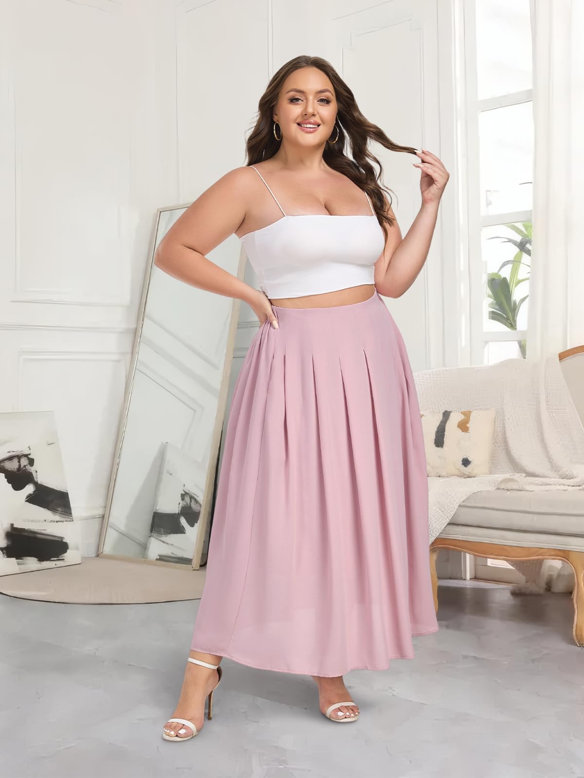 Plus Size Flowy Maxi Skirt Pleated A-Line - Pink | Moon Wood Plus Size Flowy Maxi Skirt Pleated A-Line - Pink | Moon Wood